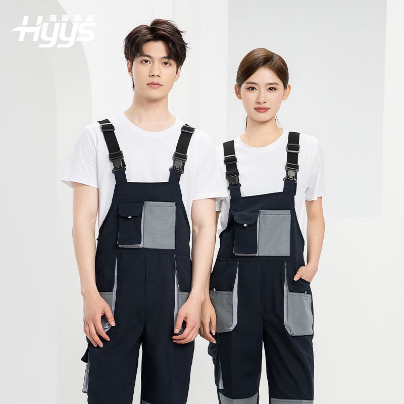 WF290 海源春秋背帶工裝男多兜牛津加固耐磨印LOGO機(jī)修連體廠服勞保服