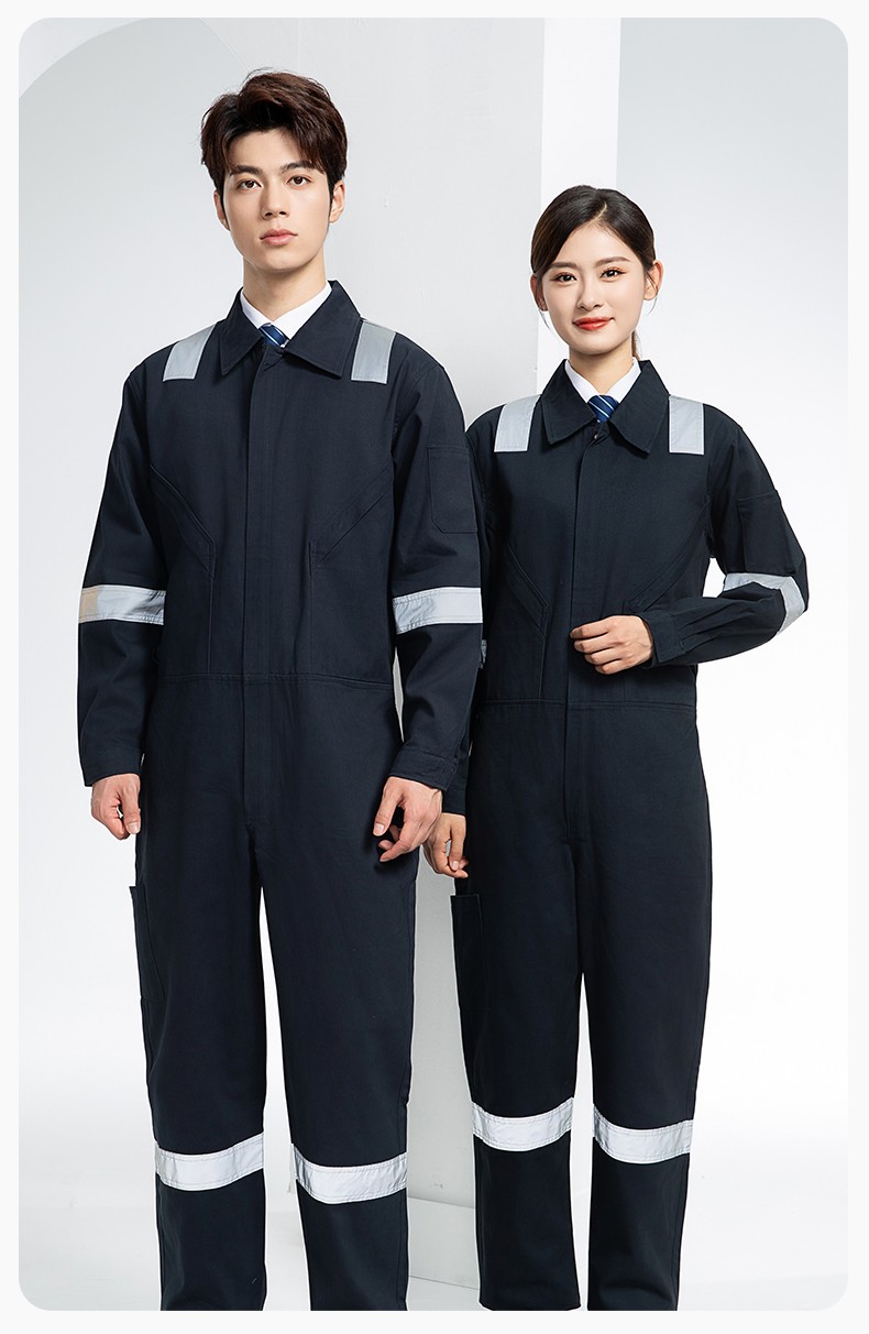 QM217 純棉連體工作服套裝男反光耐磨耐臟機(jī)修電焊工船廠海港定制勞保服(圖17)