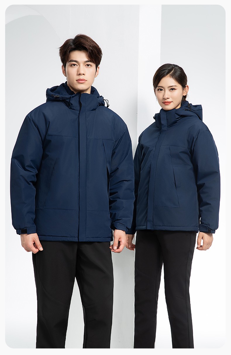YJ-1915 冬季一體式?jīng)_鋒衣男女純色加絨防寒外套印LOGO公司團體服外套定制(圖16)